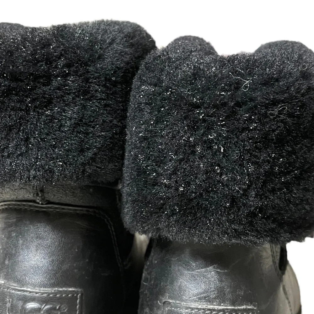 UGG Leather Shearling Boots 4 Foldover F20016E Black 10124 Winter Ankle Bootie